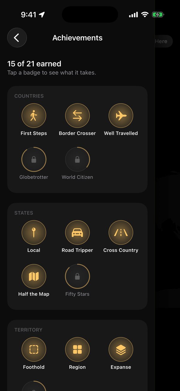 Achievements screen with badges for countries, states, and territory