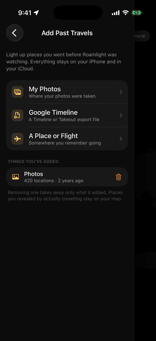 Add Past Travels screen with My Photos, Google Timeline, and A Place or Flight