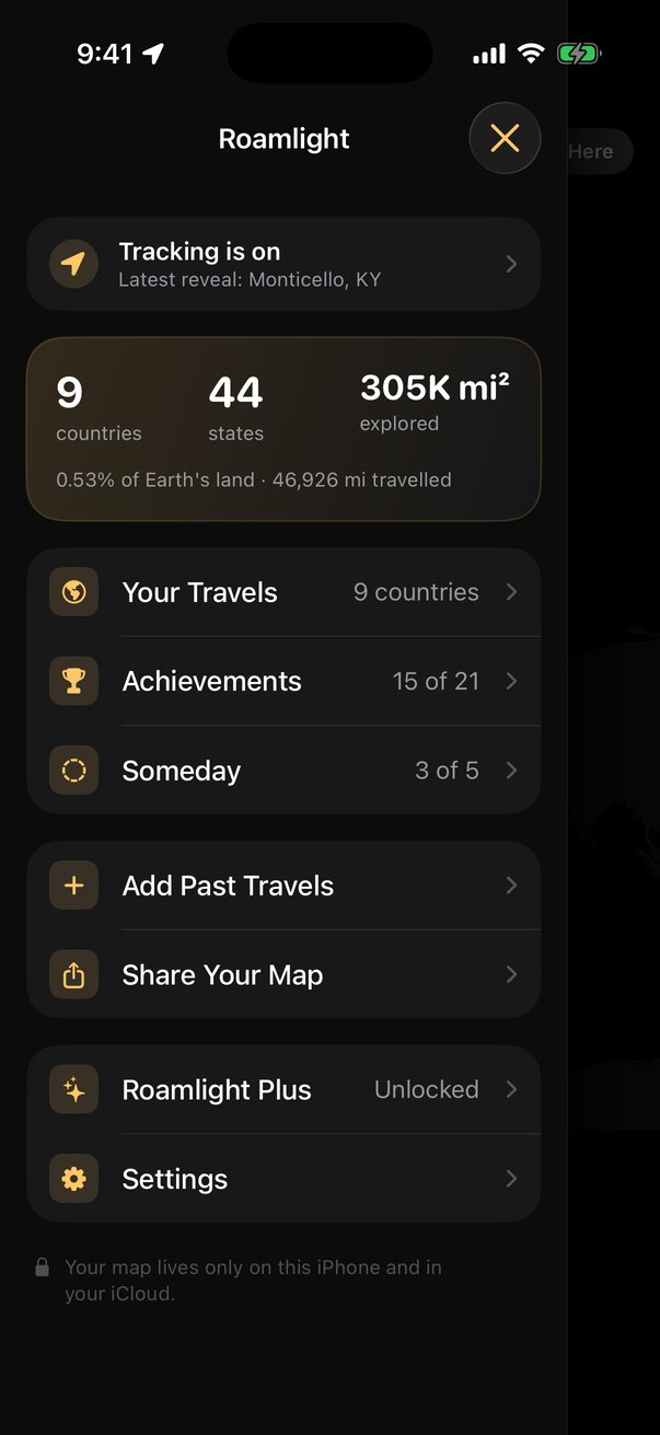 Roamlight menu showing tracking on, 9 countries, 44 states, and 305K square miles explored