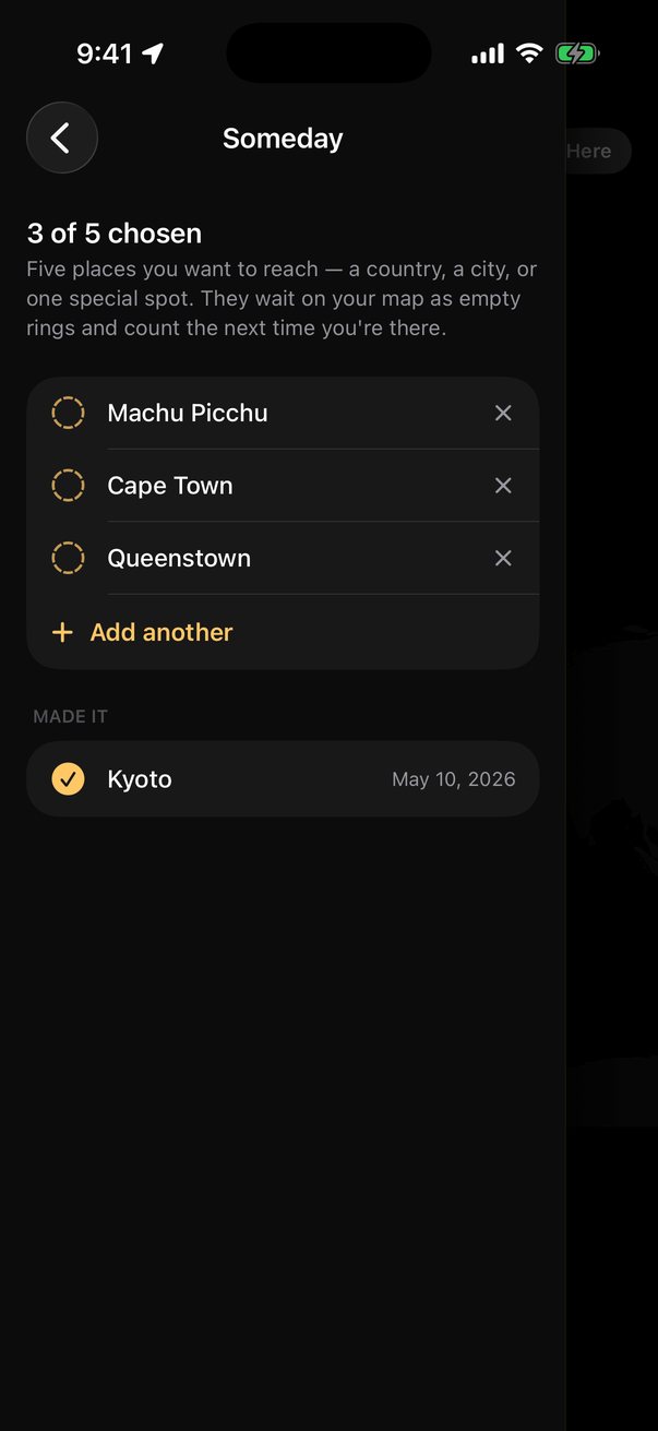 Someday list with Machu Picchu, Cape Town, and Queenstown, and Kyoto marked as made it